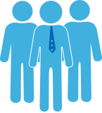 The image depicts a group of people, with one figure in the center wearing a tie, likely representing leadership, teamwork